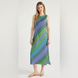 New Scoop Sleeveless Satin Midi Tank Dress Tropical Green Blue Stripe size XS
